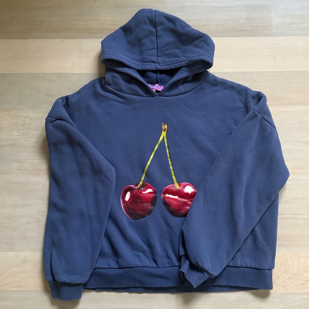 Edikted Mon Cheri Hoodie Cherry Graphic Navy Hoodie Size Medium - Picture 6 of 6
